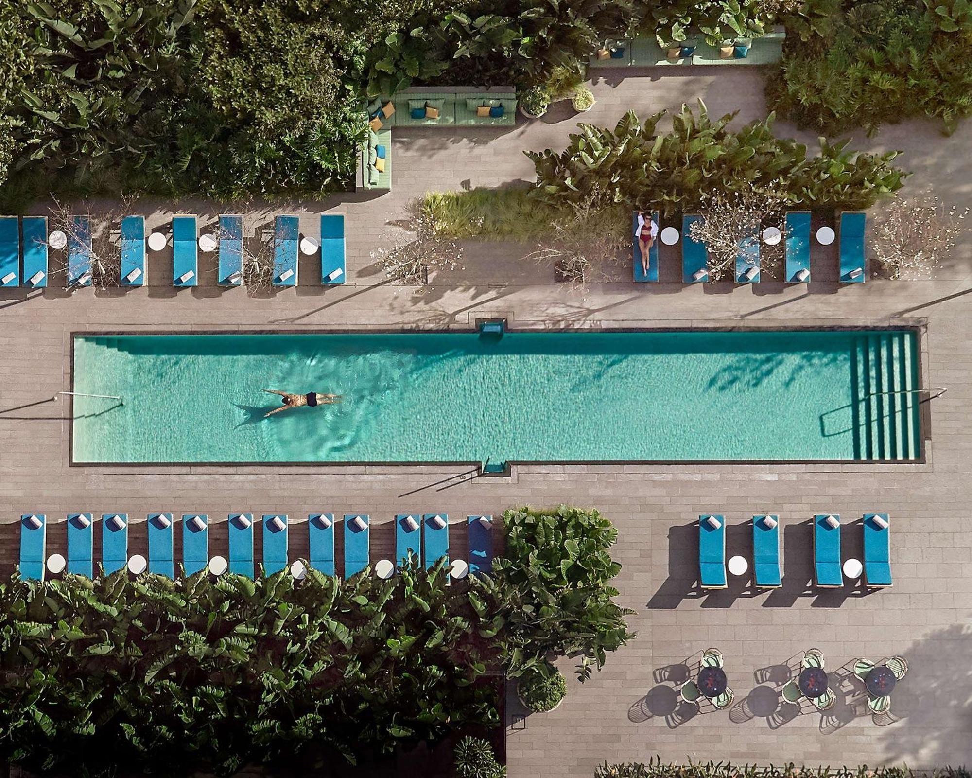 Hotel Grand Hyatt Barcelona Exteriér fotografie The photo shows an aerial view of a swimming pool surrounded by lush greenery and lounge chairs. The pool is long and narrow, with a person swimming in it. On either side of the pool, there are several blue lounge chairs arranged neatly. The area is 